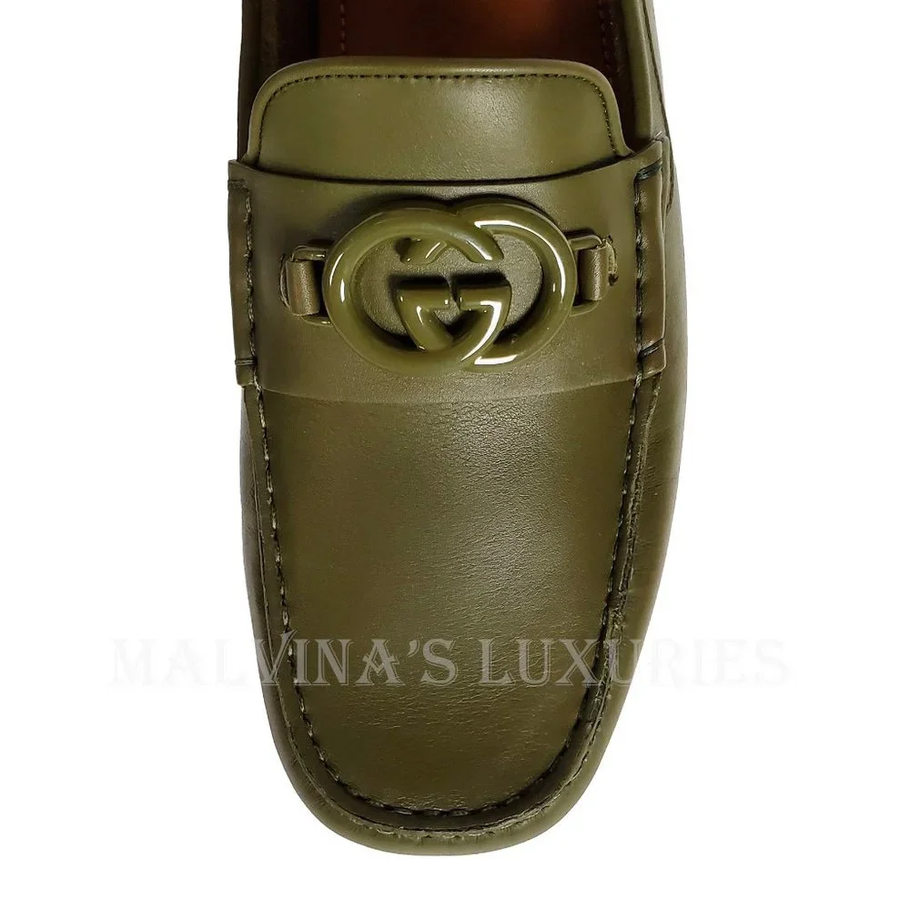 GUCCI SHOES MENS LOAFERS MOCCASINS G LOGO GREEN LEATHER sz 9G 9.5